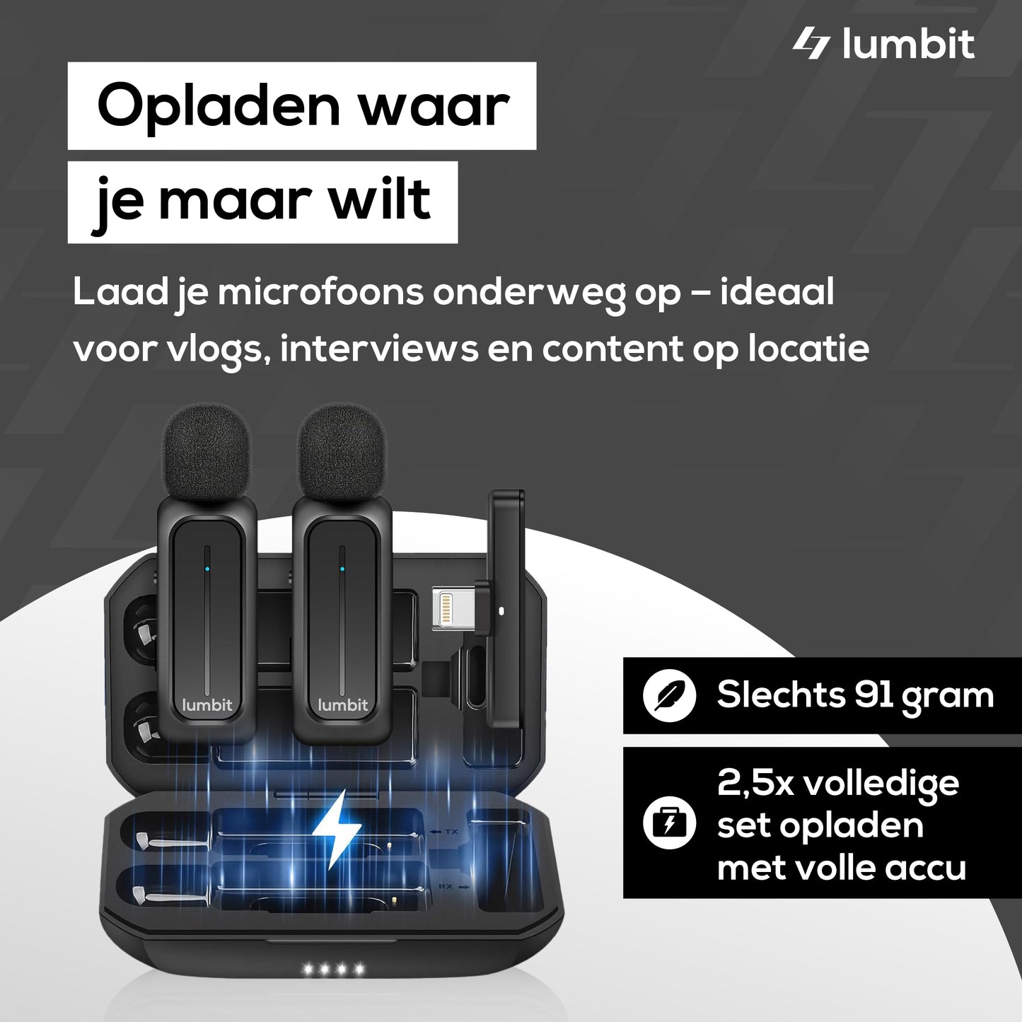 Lumbit Pulse Go Draadloze Dasspeld Microfoon - Bereik tot 20m