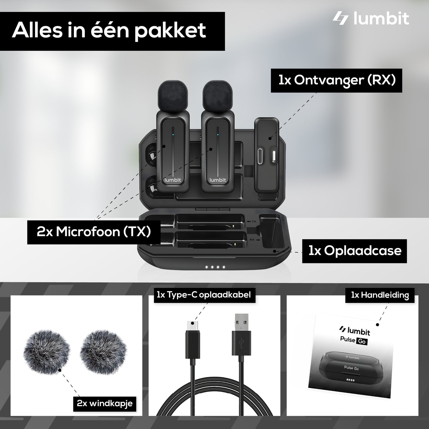 Lumbit Pulse Go Draadloze Dasspeld Microfoon - Bereik tot 20m