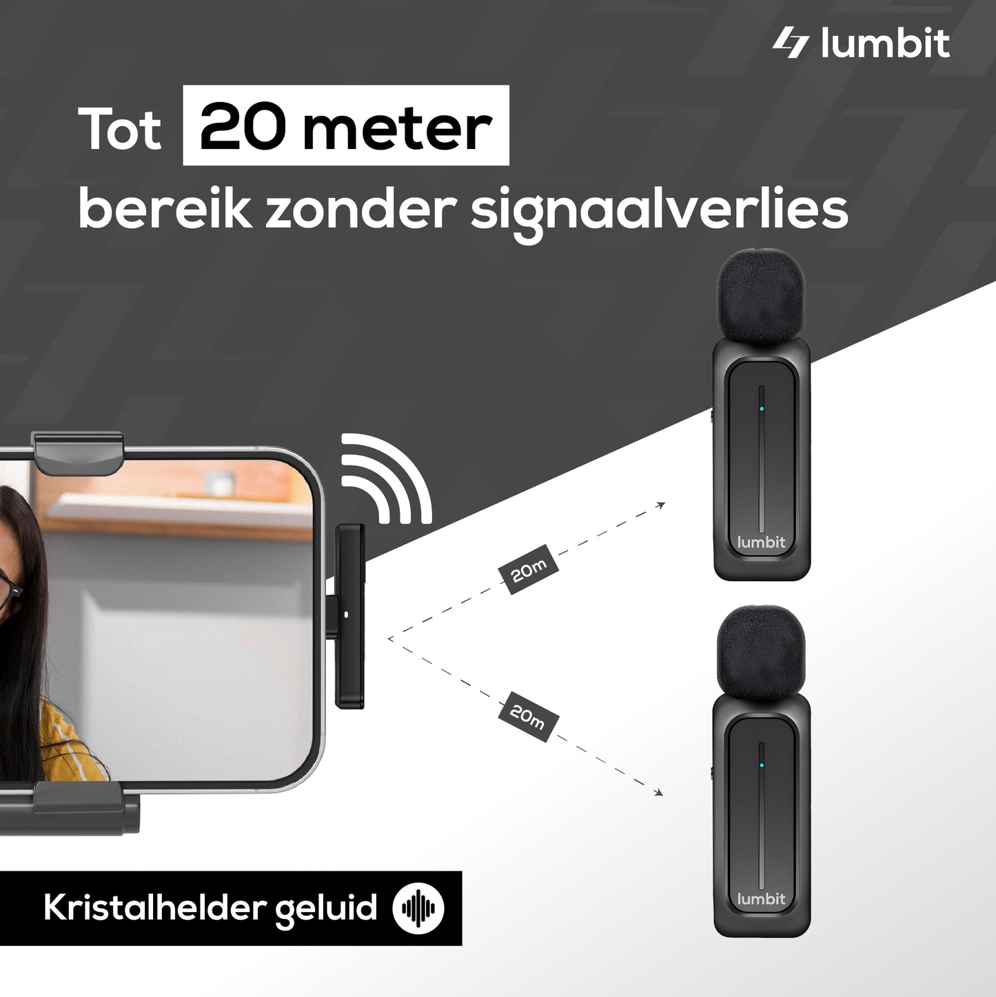 Lumbit Pulse Go Draadloze Dasspeld Microfoon - Bereik tot 20m